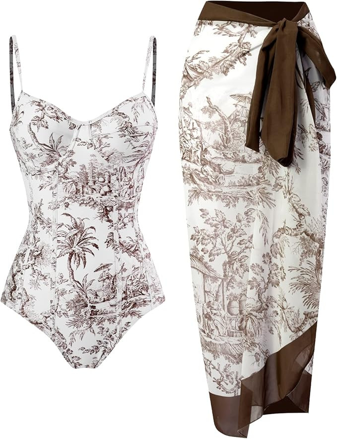 Women Swimsuits Abstract Printing Notched Square/V Neck Floral Vacation One Piece with Cover Up | Amazon (US)