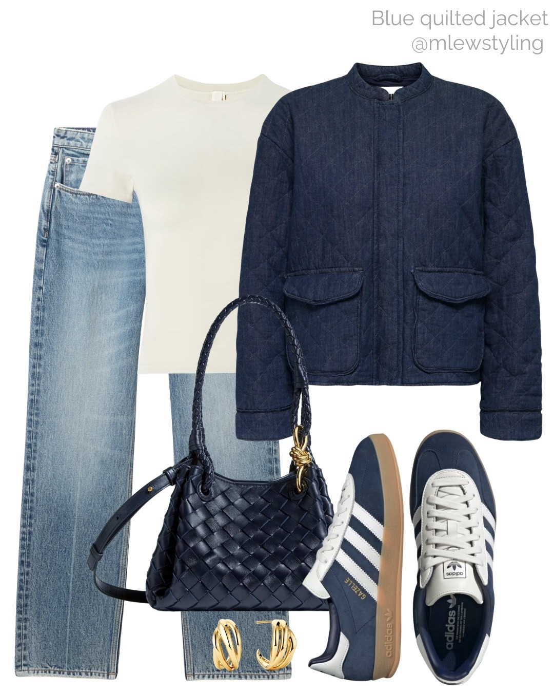 Weekend outfit with navy blue 💙

Tags: navy blue quilted jacket, skims cashmere t-shirt, weekday straight leg jeans, bottega veneta navy bag, white and blue adidas sneakers