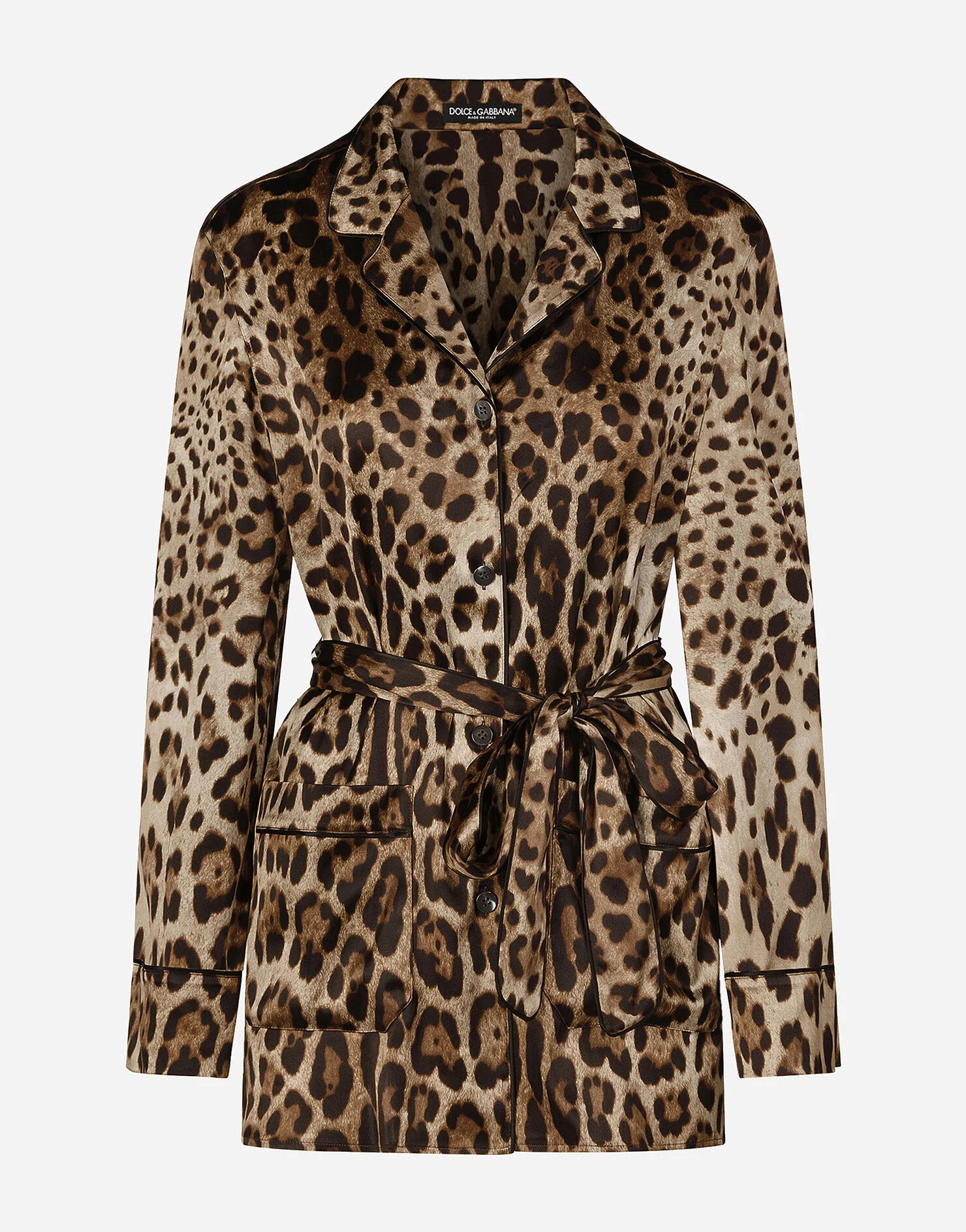 Leopard-print satin pajama shirt with belt | Dolce & Gabbana US