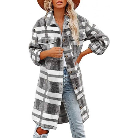 Long Trench Coats for Women Trendy Color Plaid Shacket Jacket Fall Wool Blend button Down Lapel Card | Walmart (US)