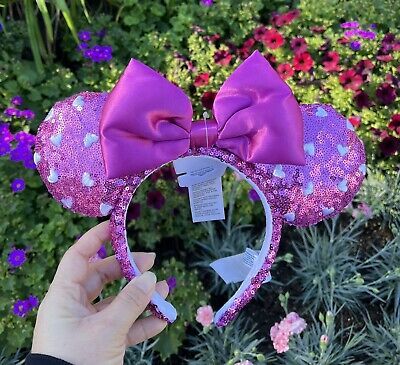 2022 Disney Parks Valentines Day Pink Sequin White Hearts Minnie Ears Headband  | eBay | eBay US