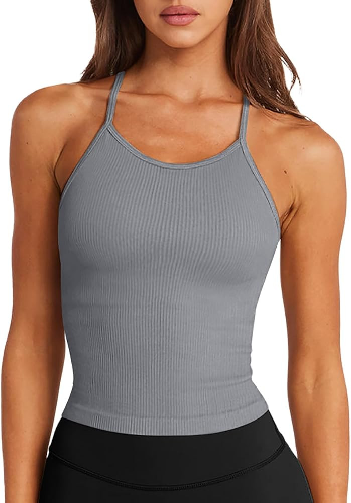 LASLULU Womens Sports Bra Seamless Long Crop Tank Racer Back Spaghetti Strap Workout Yoga Bra Pad... | Amazon (US)