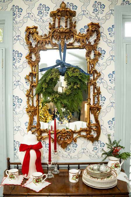 Dining room Christmas decor blue white wallpaper grandmillennial style home decor wreath cedar red velvet ribbon ginger jar 

#LTKhome #LTKunder50 #LTKHoliday