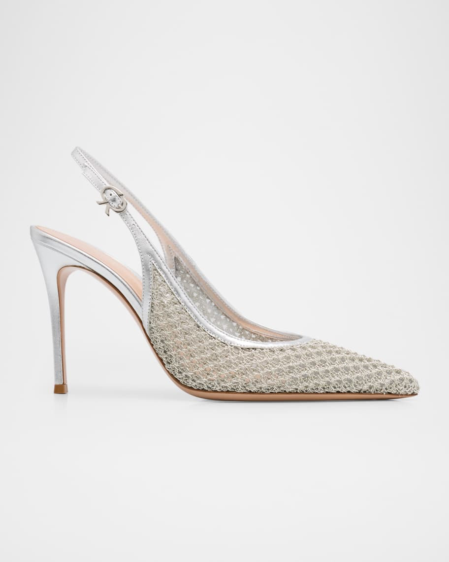 Gianvito Rossi 95mm Itaca Metallic Leather and Mesh Slingback Pumps | Neiman Marcus
