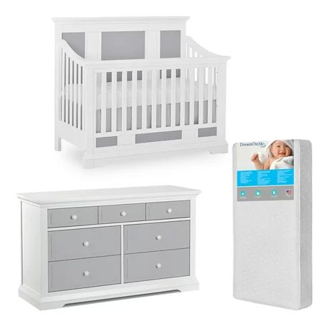 Evolur Parker 5-in-1 Convertible Crib and Double Dresser in White and Dove Grey with FREE 260 Coil Crib/Toddler Mattress | Walmart (US)