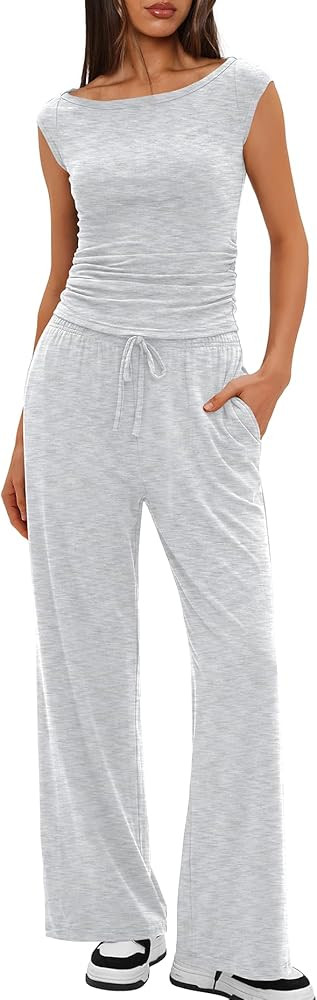 Darong Women 2 Piece Lounge Set Cap Sleeve Boat Neck Top Wide Leg Pants Set Summer Outfit Two Pie... | Amazon (US)