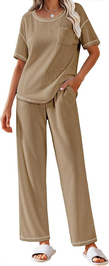 Ekouaer Women Waffle Knit Lounge Sets Short Sleeve Top and Long Pant Pajama Set Loungewear 2 Piec... | Amazon (US)