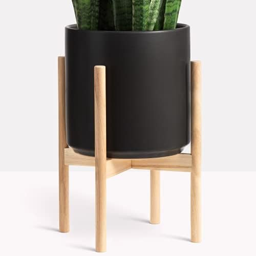 PEACH & PEBBLE 15" Black Classic Planter and Plant Stand. Ceramic Plant Pot and Wood Plant Stand Set | Amazon (US)