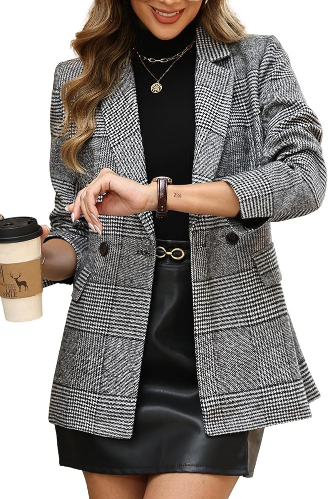 ELLEVEN Women's Houndstooth Plaid Tweed Blazer, Casual Trendy Double-Breasted Suit Jacket with Po... | Amazon (US)