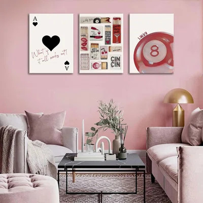 3Pcs Trendy Vintage Matchbox Canvas Wall Art Red Lucky Pool Ball Ace Of Hearts Wall Decor Pictures Fashion Coquette Preppy Posters Prints For Bedroom | Wayfair North America