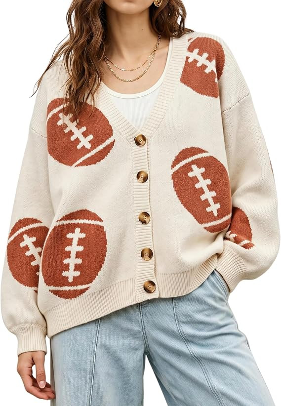 SeekMe Women Football Knit Cardigan Button Oversized Fall Game Day Sweater | Amazon (US)