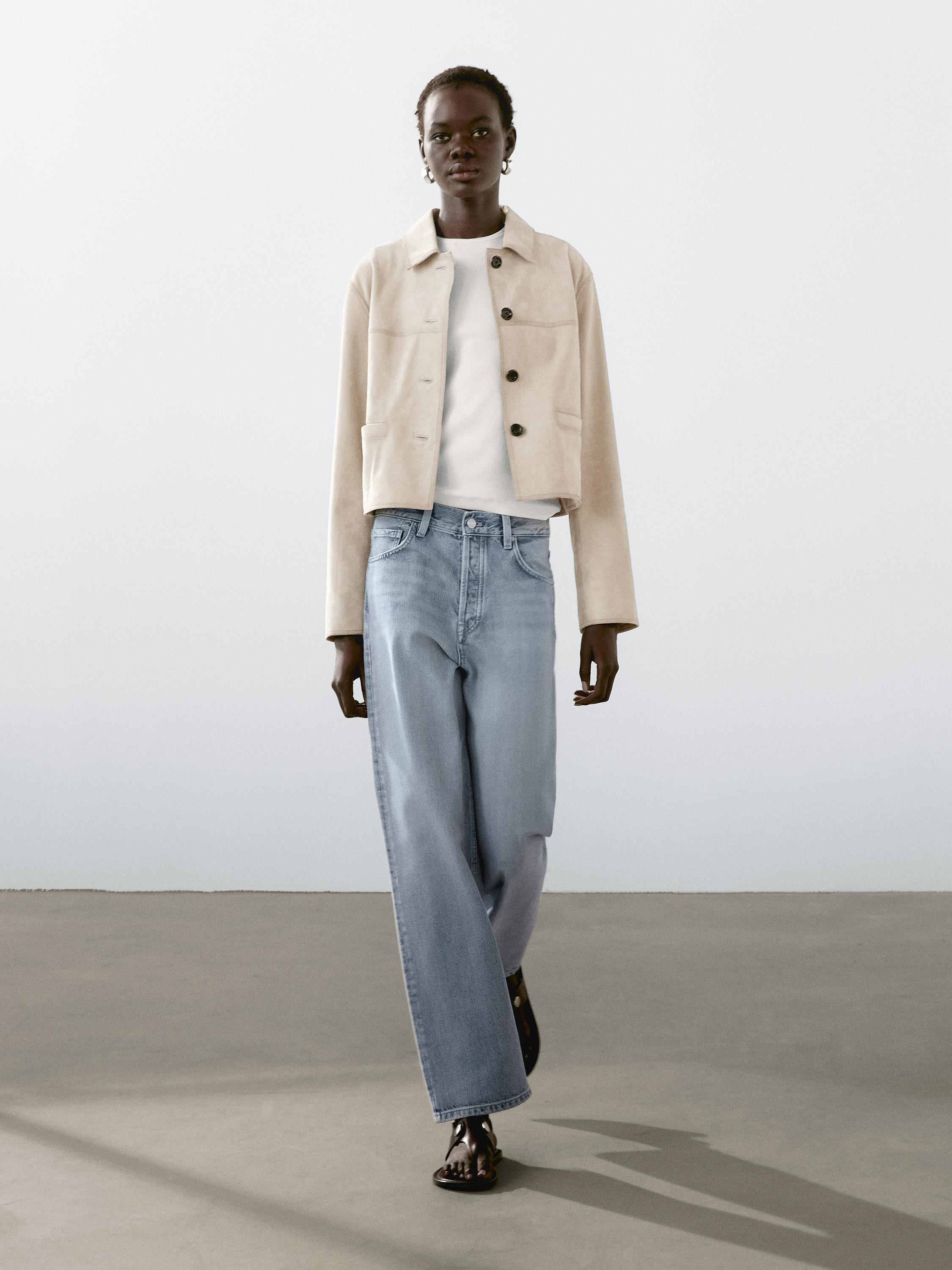 Short suede leather jacket with topstitching | Massimo Dutti UK