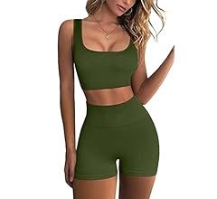 QINSEN Workout Sets for Women 2 Piece Seamless Ribbed Crop Tank High Waist Shorts Yoga Outfits | Amazon (US)