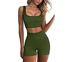 QINSEN Workout Sets for Women 2 Piece Seamless Ribbed Crop Tank High Waist Shorts Yoga Outfits | Amazon (US)