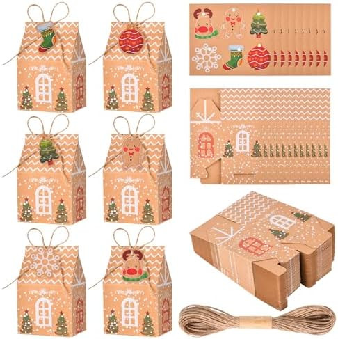 50 Mini Christmas goody bags Cookie Boxes, Christmas gift goody Boxes, Creative sticker House sha... | Amazon (US)