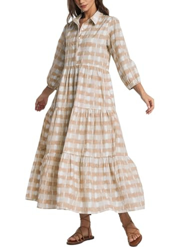 D-Sun Women Long Sleeve Maxi Dress V Neck Button Down Plaid Shirt Dress 3/4 Sleeve Flowy Tiered C... | Amazon (US)