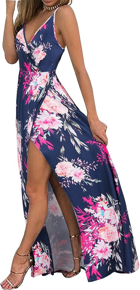 II ININ Women's Deep V-Neck Casual Dress Summer Backless Floral Print/Solid Split Maxi Dress for Bea | Amazon (US)