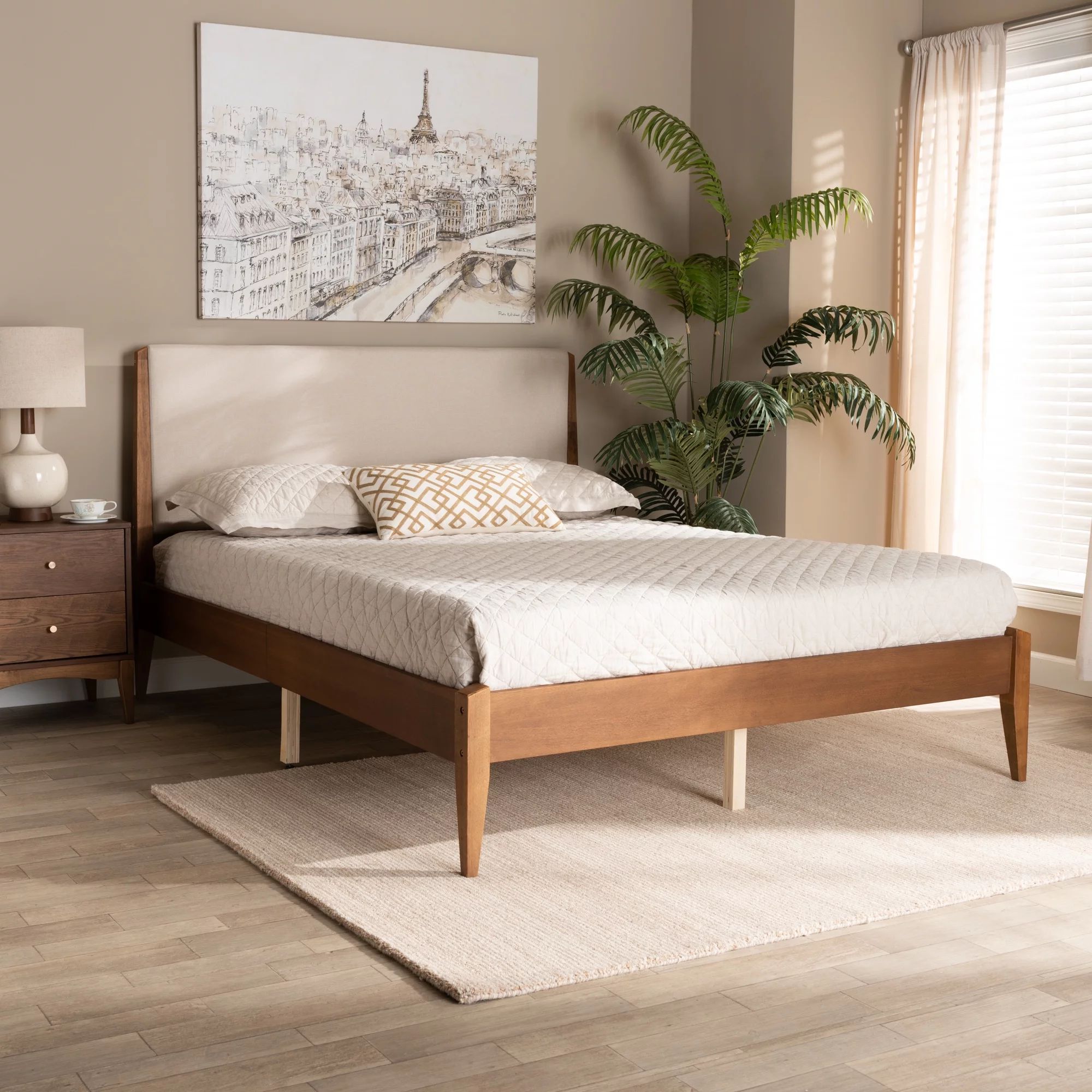 Baxton Studio Lenora Mid-Century Modern Beige Fabric Upholstered and Walnut Brown Finished Wood F... | Walmart (US)
