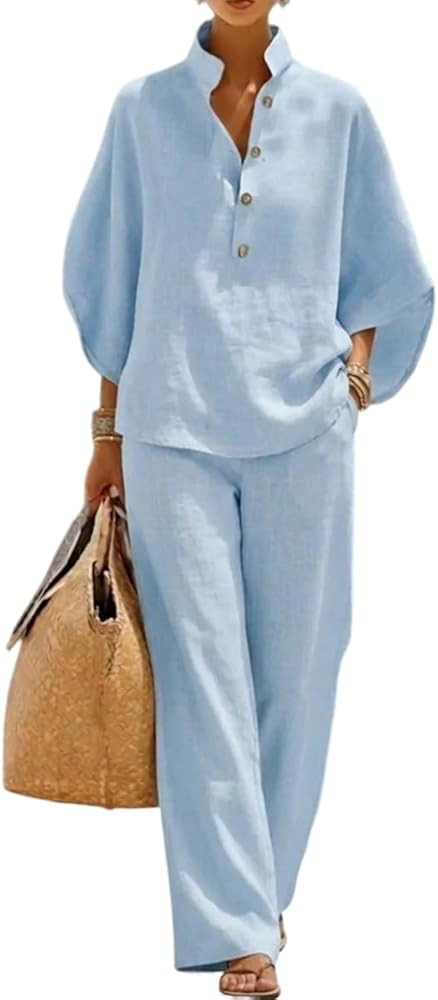 Womens Cotton Linen 2-Piece Outfit 3/4 Sleeve Top & Wide Leg Pants Set Casual Summer Loungewear &... | Amazon (US)