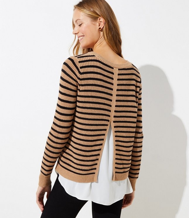Striped Split Back Mixed Media Sweater | LOFT | LOFT
