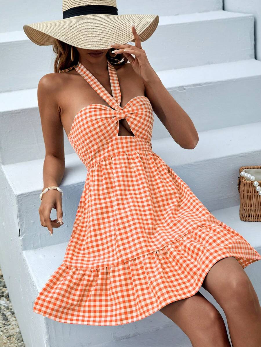 Soleia Gingham Print Cut Out Ruffle Hem Halter Neck Backless Dress | SHEIN