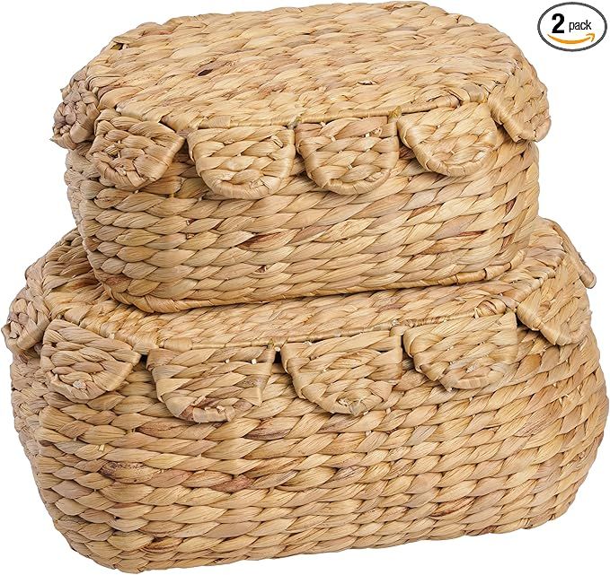 Hand Round Wicker Storage Baskets Set 14" W x 10" L x 6" H Rattan Basket Decorative Boxes, Woven ... | Amazon (US)