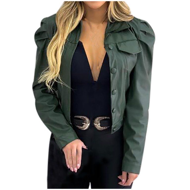 TANGON Women's Street Short Lapel Frayed Breasted Denim Puff Sleeve Slim Leather Jacket | Walmart (US)