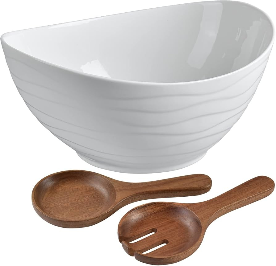 Extra Large Elegant Ceramic Oval Salad Bowl Set with Premium Acacia Wood Salad Serving Utensils -... | Amazon (US)