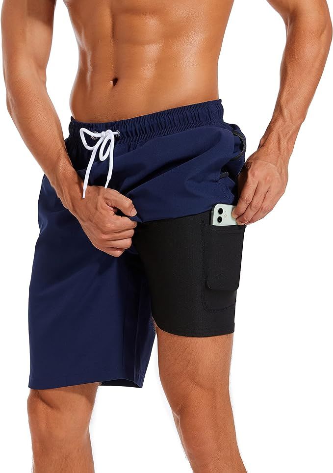 difficort Mens Swim Trunks with Compression Liner Quick Dry Bathing Suits Shorts with Zipper Pock... | Amazon (US)