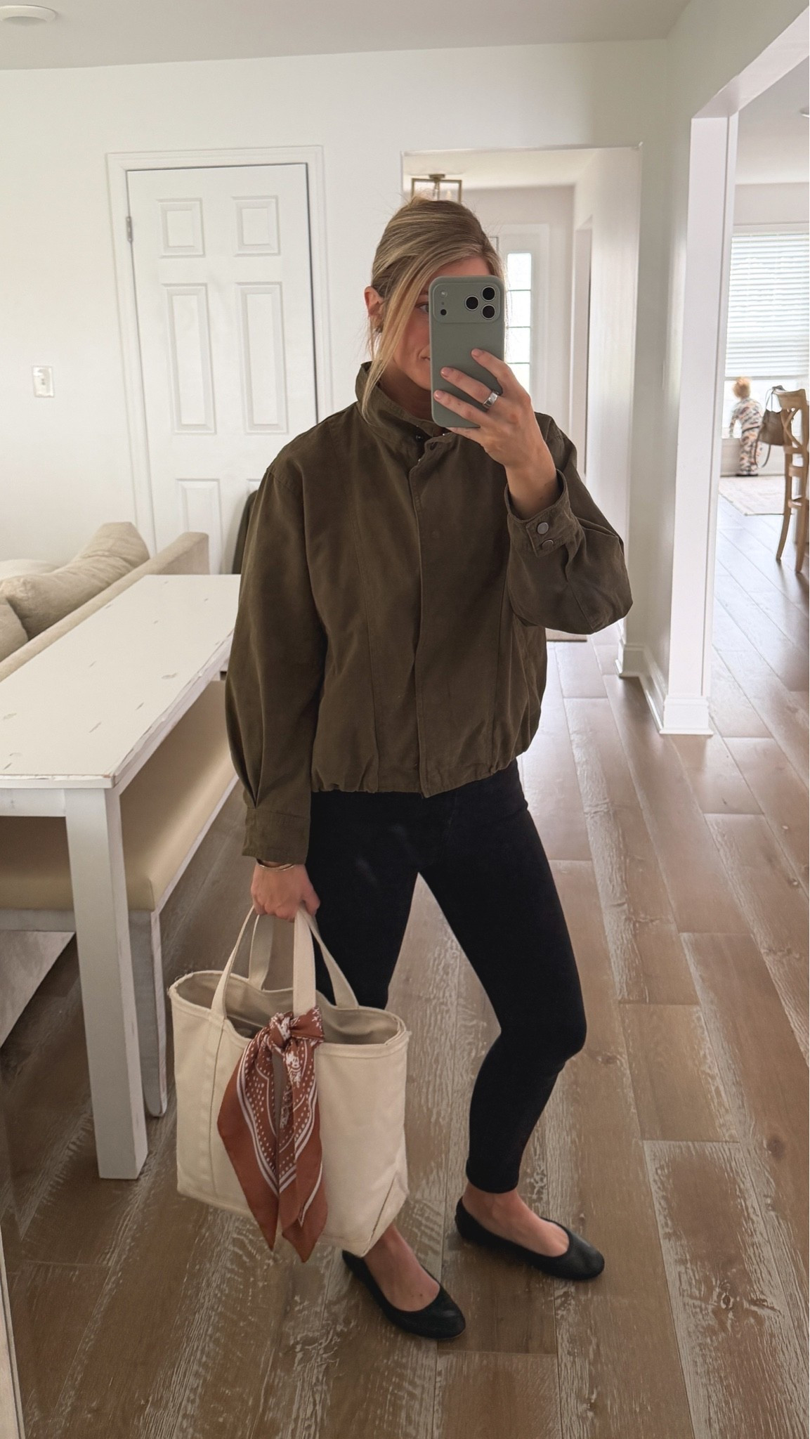 Work outfit for a gloomy spring day 🖤 this jacket is AMAZING! High collar, bubble hem and a great neutral color. Tote is size medium with a zipper closure in neutral with neutral embroidery.

#LTKootd #LTKWorkwear