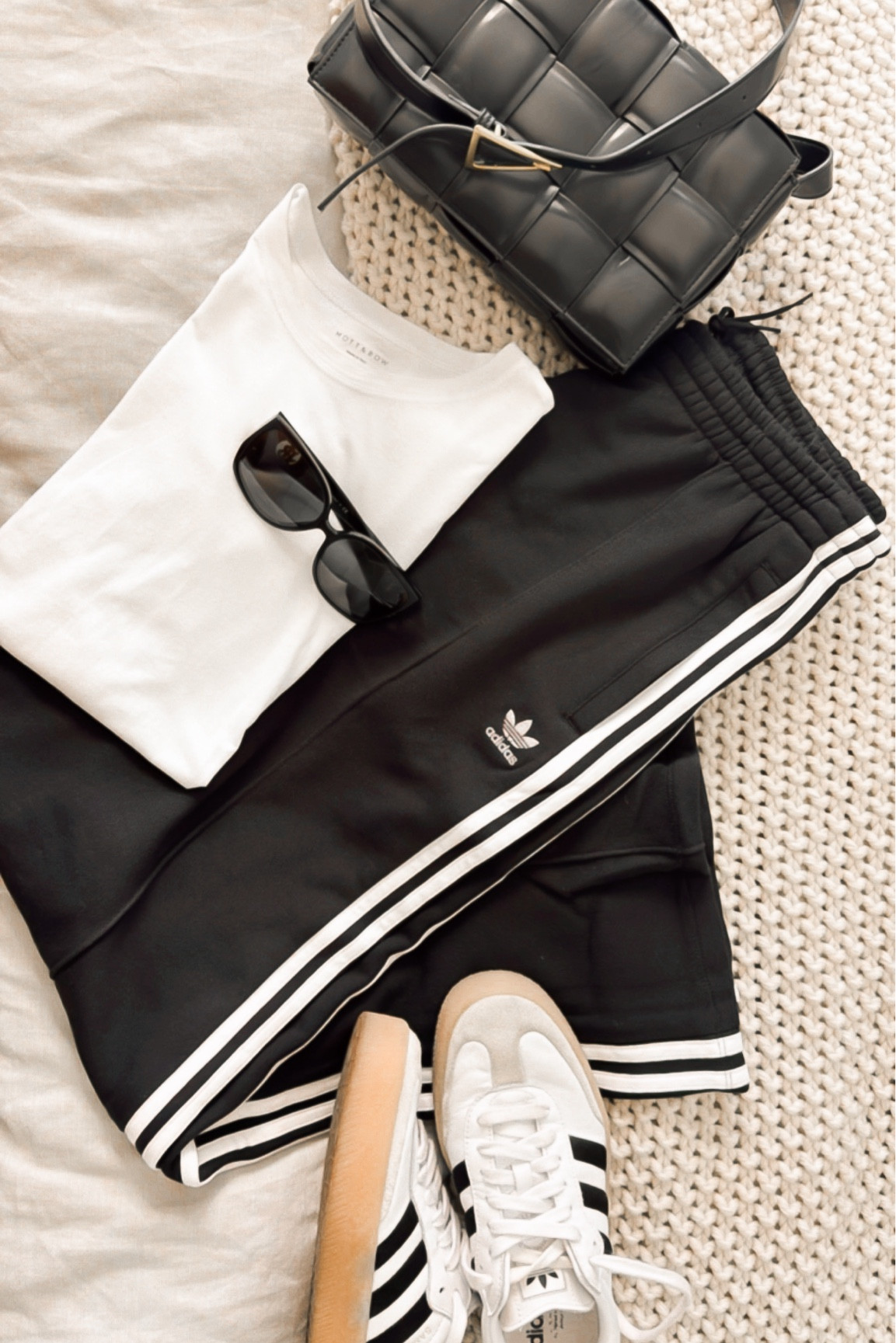 Adidas wide leg lounge pants (with zip pockets) 
Mott & Bow basic white T-shirt 
Adidas samba platform sneakers 
Amazon bag 
Sunglasses 

#LTKStyleTip #LTKFindsUnder100 #LTKSaleAlert