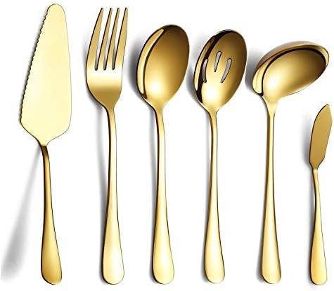6-Piece Gold Serving Flatware Silverware Set,Stainless Steel Serving Utensil Set,Include Cake Ser... | Amazon (US)