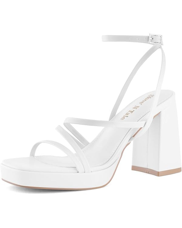 Shoe'N Tale Platform Heels for Women Strappy Block Chunky Heels Square Toe Ankle Buckle Sandals | Amazon (US)