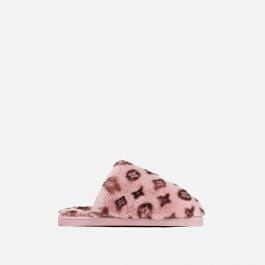 Kulture Fluffy Printed Detail Flat Slipper In Pink Faux Fur | EGO Shoes (US & Canada)