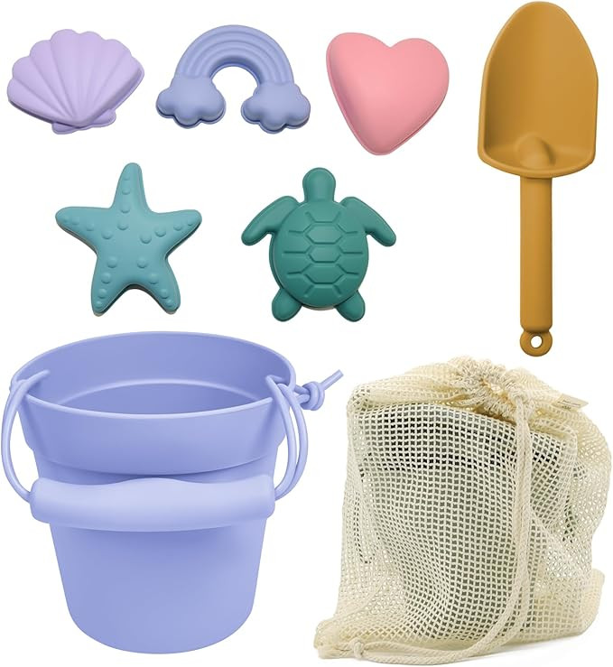 8Pcs Silicone Beach Toys | Baby Beach Toys Including Bucket, Shovel, 5 Sand Molds, Beach Bag |Eco... | Amazon (US)