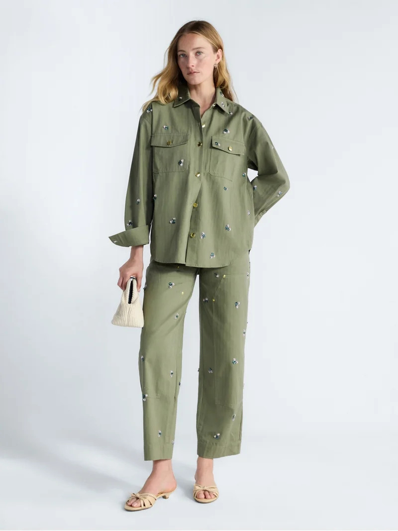 Free Assembly Women's and Women's Plus Embellished Cotton Utility Shirt with Long Sleeves, Sizes ... | Walmart (US)