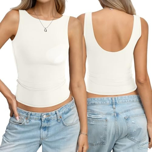 Womens Padded Double Lined Tank Tops Boat Neck Built in Bra Going Out Top Low Back Sleeveless Sum... | Amazon (US)