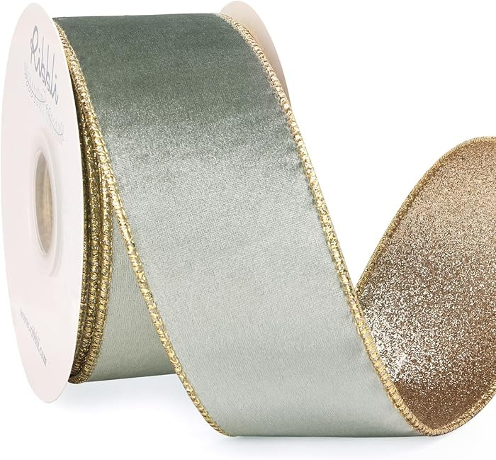 Ribbli Dusty Green Velvet Ribbon Wired 2.5 Inch Glossy Velvet with Champagne Glitter Christmas Ri... | Amazon (US)