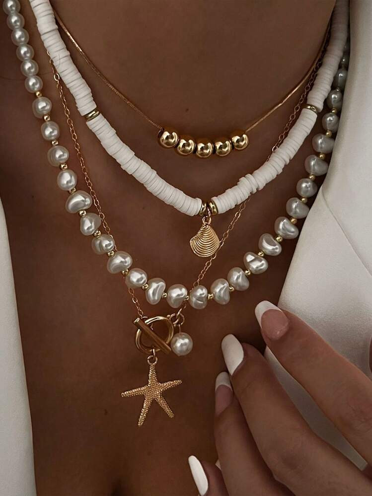 4pcs/Set Vacation Beach Shell Necklace Set, Baroque Faux Pearl Vintage Bohemian Style Necklace Fo... | SHEIN