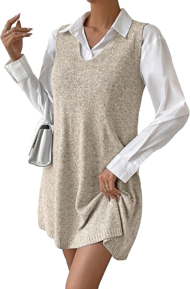 SHENHE Women's Casual Loose Fit V Neck Sweater Overall Dress Long Knit Vest Jumper Dress | Amazon (US)