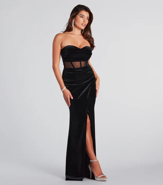 Mia Formal Velvet Corset Wrap Long Dress | Windsor Stores