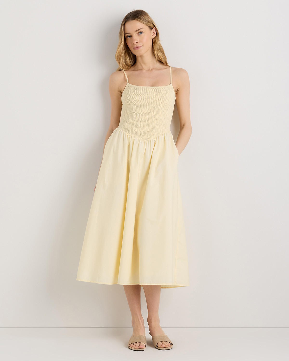 Quince | Women's Poplin Drop Waist Midi Dress in Pale Custard Yellow, Size Medium, Organic Cotton | Quince