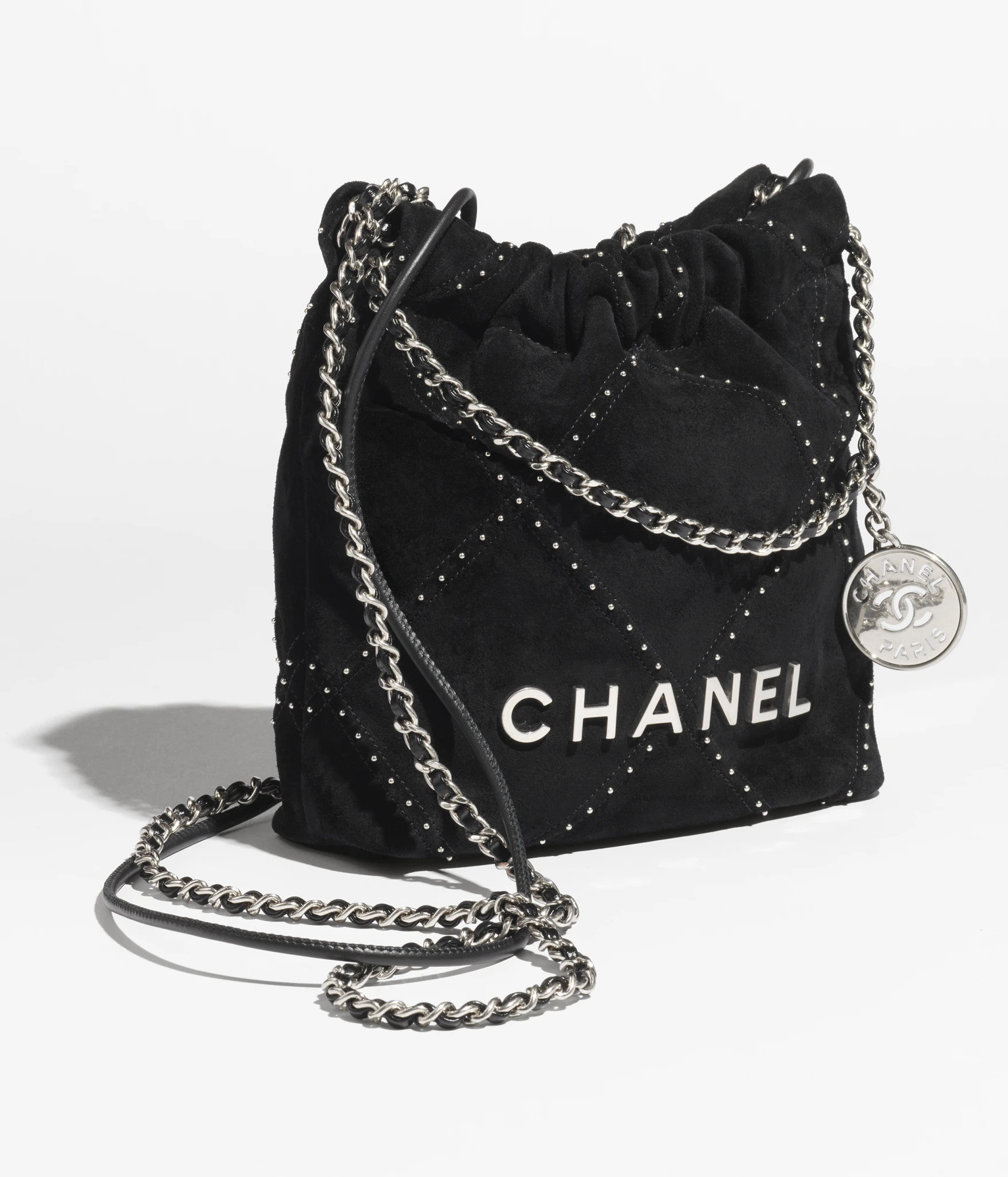 Chanel 22 mini handbag, Suede calfskin, studs & silver-tone metal, black — Fashion | CHANEL | Chanel, Inc. (US)