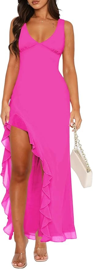 Women Sexy V Neck Sleeveless Mesh Ruffle Hem Bodycon Maxi Casual Backless High Slit Cocktail Part... | Amazon (US)