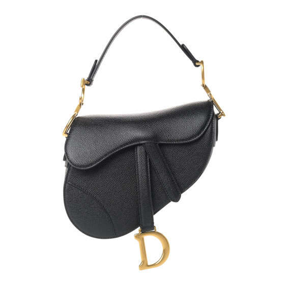 CHRISTIAN DIOR Grained Calfskin Mini Saddle Bag Black | Fashionphile