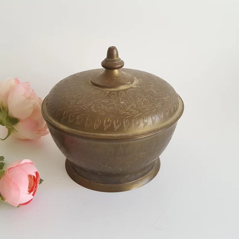 Brass & Silver Vintage Covered Bowl Dish Etched Floral Boho - Etsy | Etsy (US)
