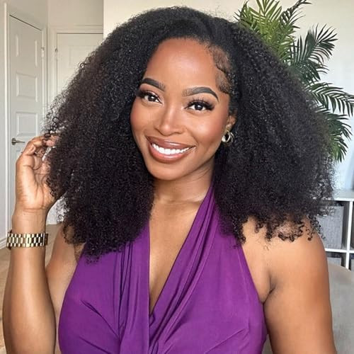 BGM GIRL Half Wig Human Hair Kinky Curly 3 in 1 Wigs Beginner Friendly Flip Over Drawstring Glueless Wig Kinky Curly Ready to Go Seamless Clip in Wigs Natural Black Color 20 Inch | Amazon (US)