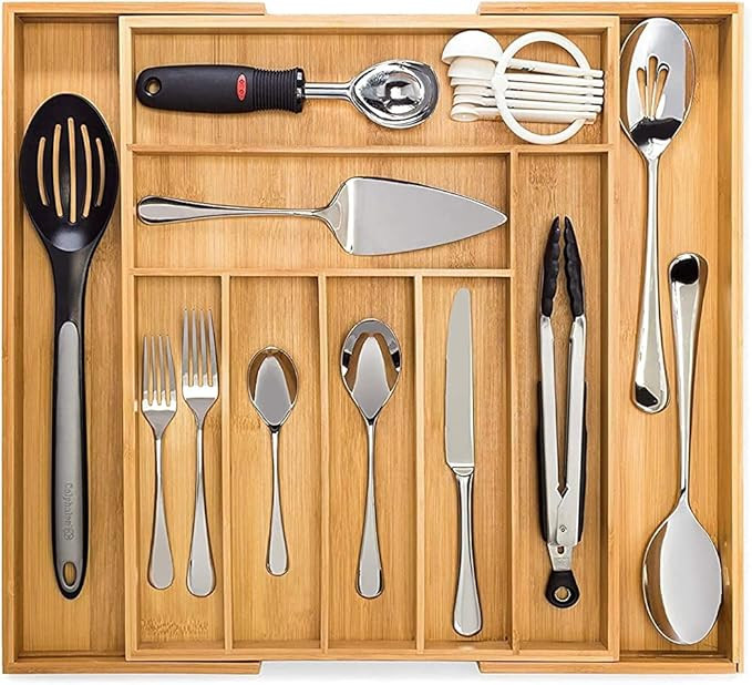 Premium Bamboo Drawer Organizer, Silverware Organizer, 100% Pure Bamboo, Adjustable Utensil Organ... | Amazon (US)