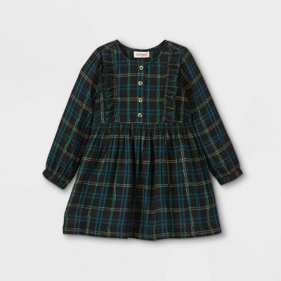 Toddler Girls' Sparkle Plaid Button-Front Long Sleeve Dress - Cat & Jack™ Green | Target