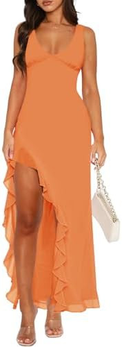 Women Sexy V Neck Sleeveless Mesh Ruffle Hem Bodycon Maxi Casual Backless High Slit Cocktail Part... | Amazon (US)